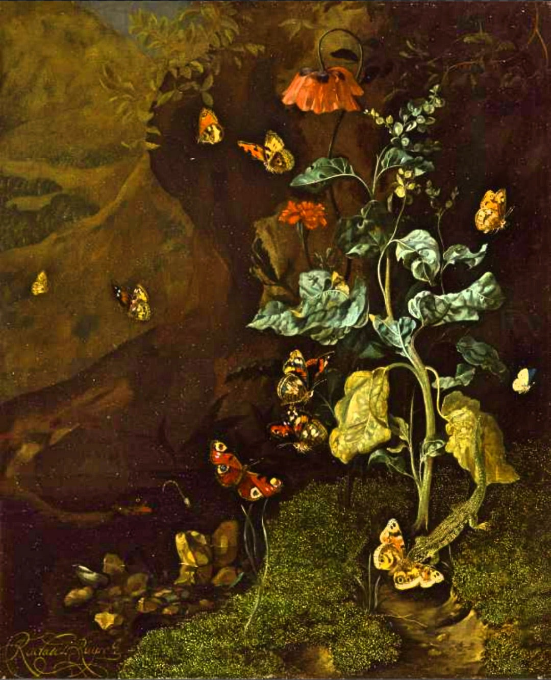 Insects and a Lizard in a Wood, vintage artwork by Rachel Ruysch, 12x8" (A4) Poster