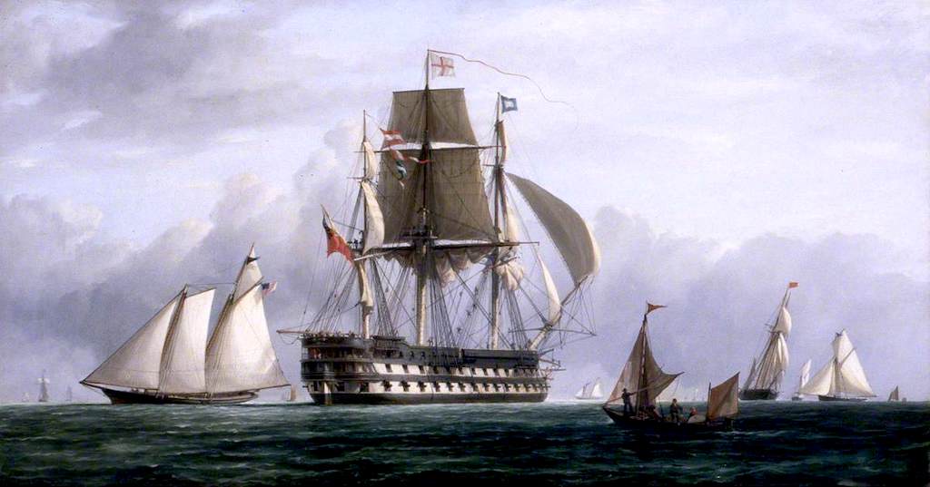 HMS 'Vengeance' at Spithead, Hampshire, vintage artwork by Richard Henry Nibbs, A3 (16x12") Poster Print