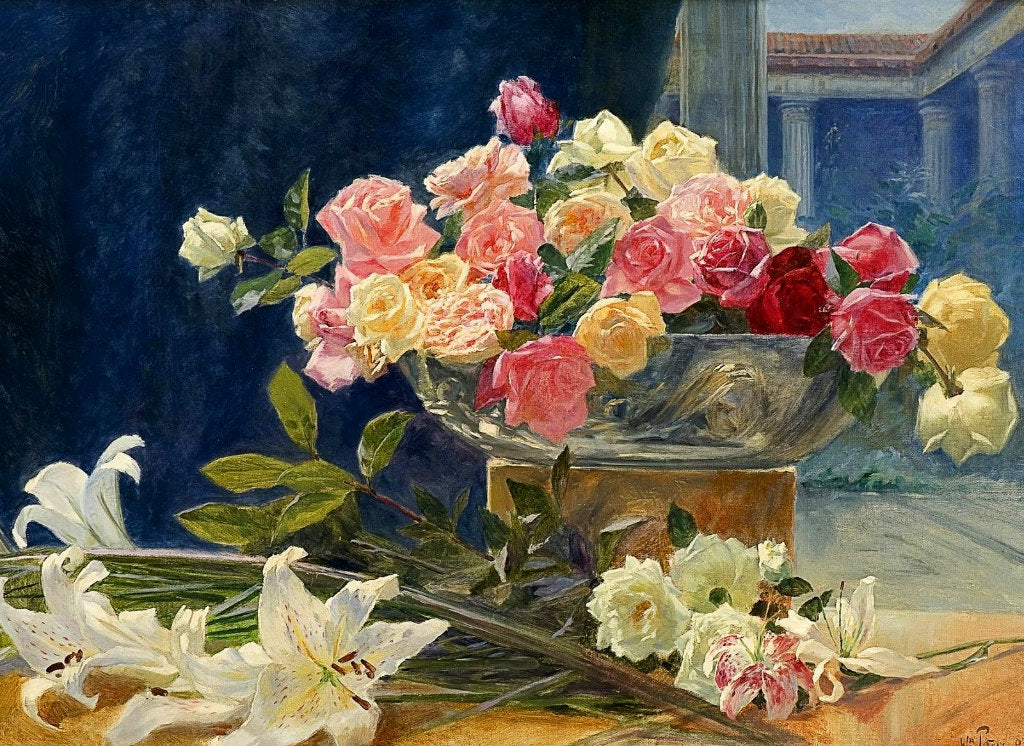 Still Life with Lilies and Roses, vintage artwork by Wilhelm Peters, 12x8" (A4) Poster