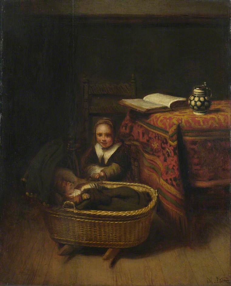 A Little Girl Rocking a Cradle, vintage artwork by Nicolaes Maes, 12x8" (A4) Poster