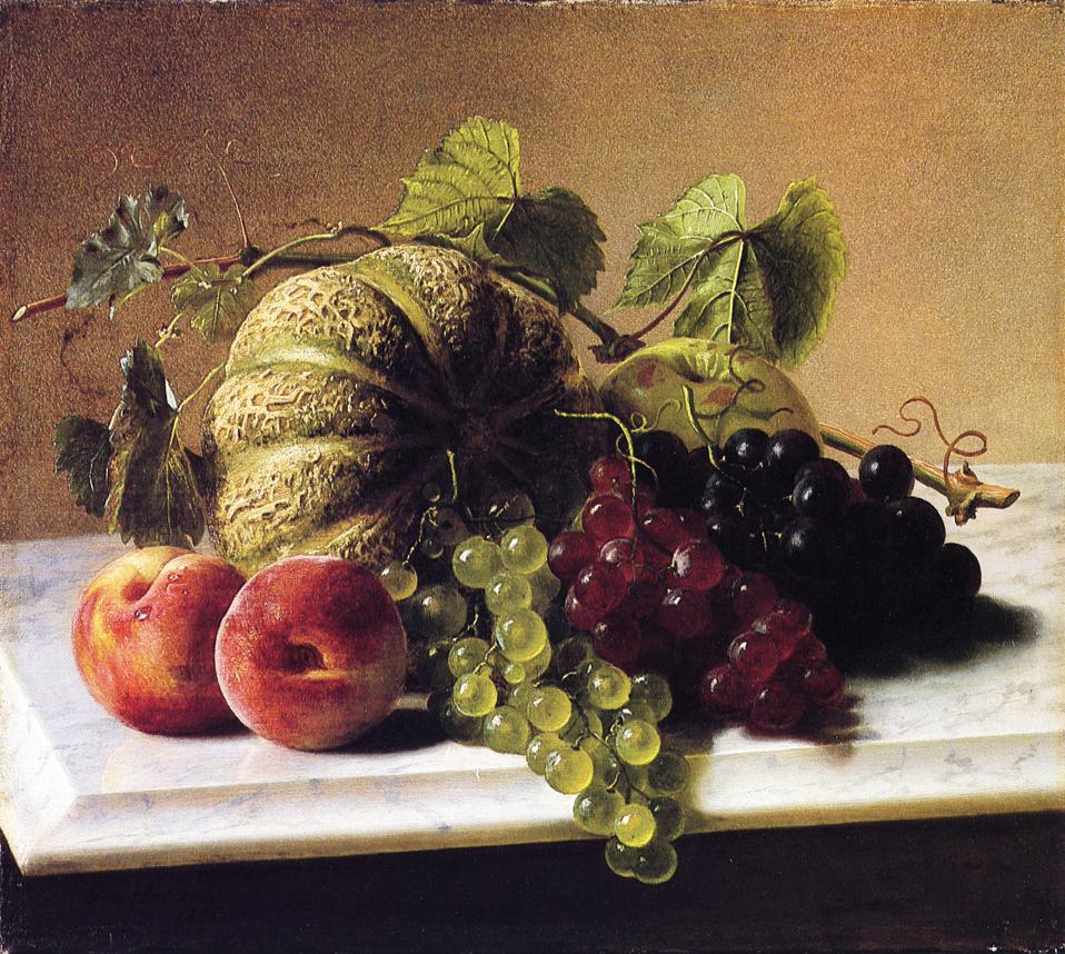 Still Life with Melons, Grapes, vintage artwork by George Hetzel, 12x8" (A4) Poster