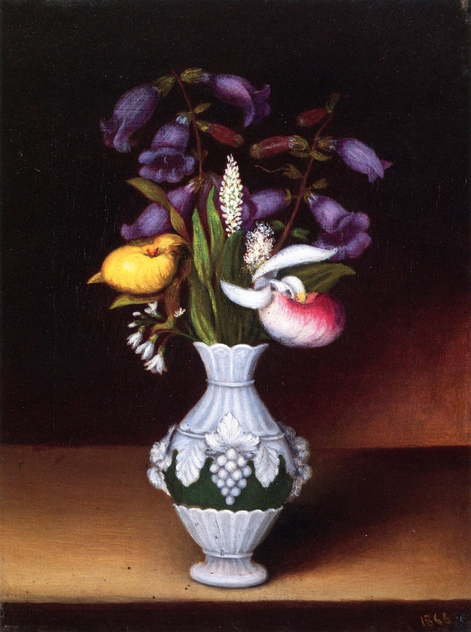 Floral Still Life with Lady Slippers and Virginia Blue Bells, vintage artwork by Attributed to Mary Jane Peale, 12x8" (A4) Poster