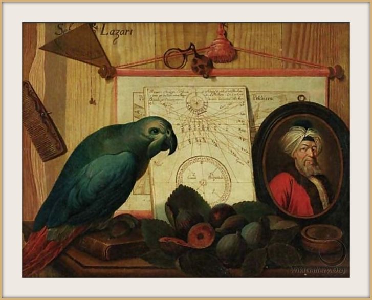 A tromp-l'oeil still life with a parrot on a book, figs, a portrait miniature of a turbaned man, vintage artwork by Sebastiano Lazzari, 12x8" (A4) Poster