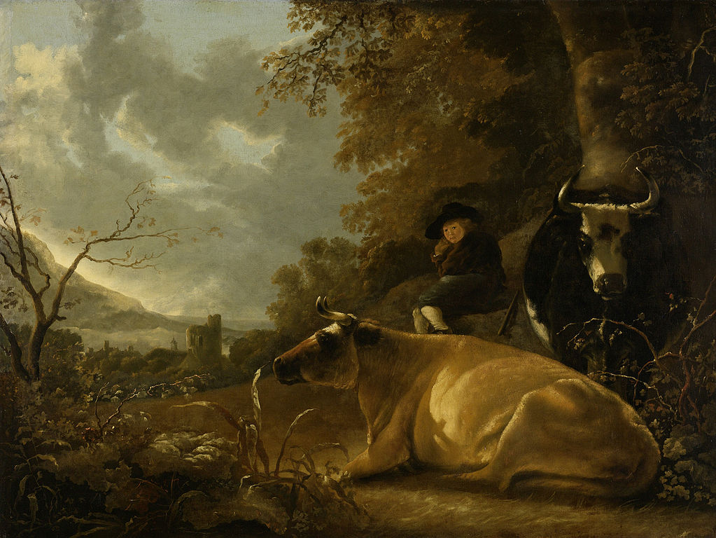 Landscape with Cows and Young Herdsman, vintage artwork by Aelbert Cuyp, 12x8" (A4) Poster