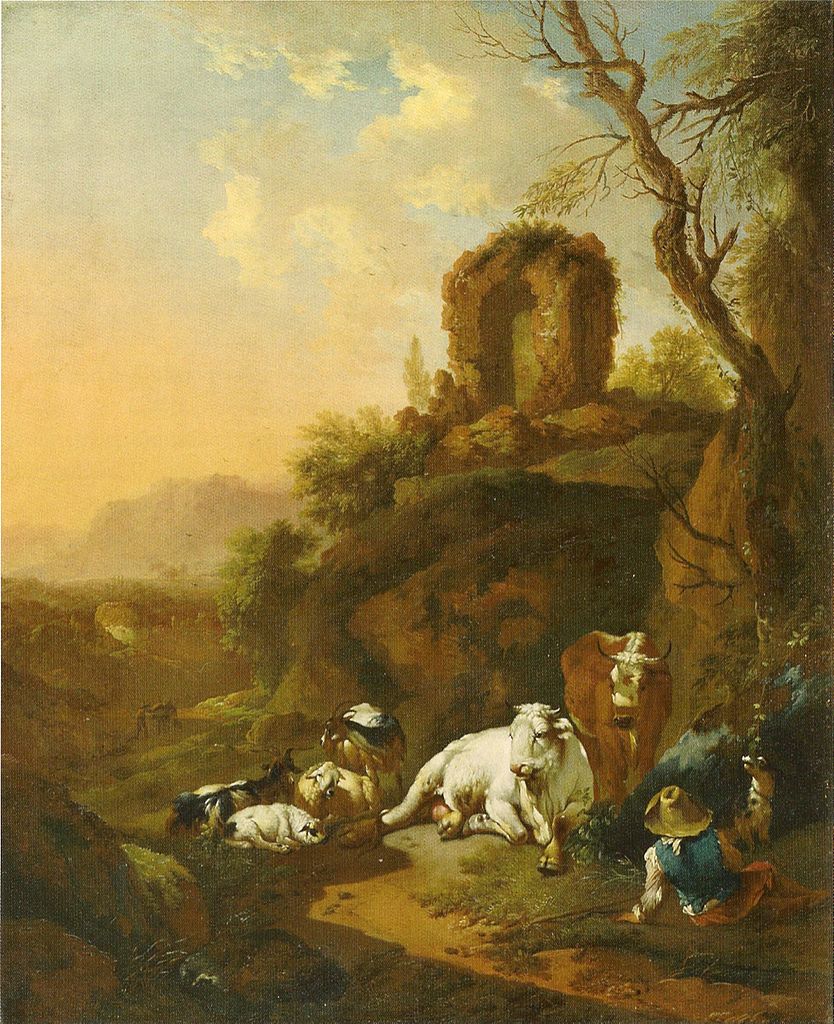 Bucolic Landscape with Ruins, vintage artwork by Christian Wilhelm Ernst Dietrich, 12x8" (A4) Poster