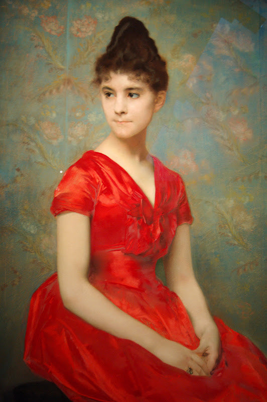 Girl in a Red Dress on a Floral Background, vintage artwork by Émile Levy, 12x8" (A4) Poster