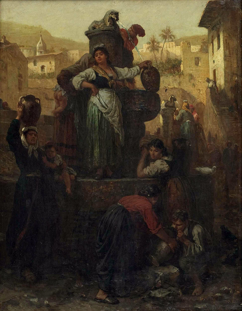 At the Well of a Mediterranean Town, vintage artwork by Friedrich Alois Schönn, 12x8" (A4) Poster