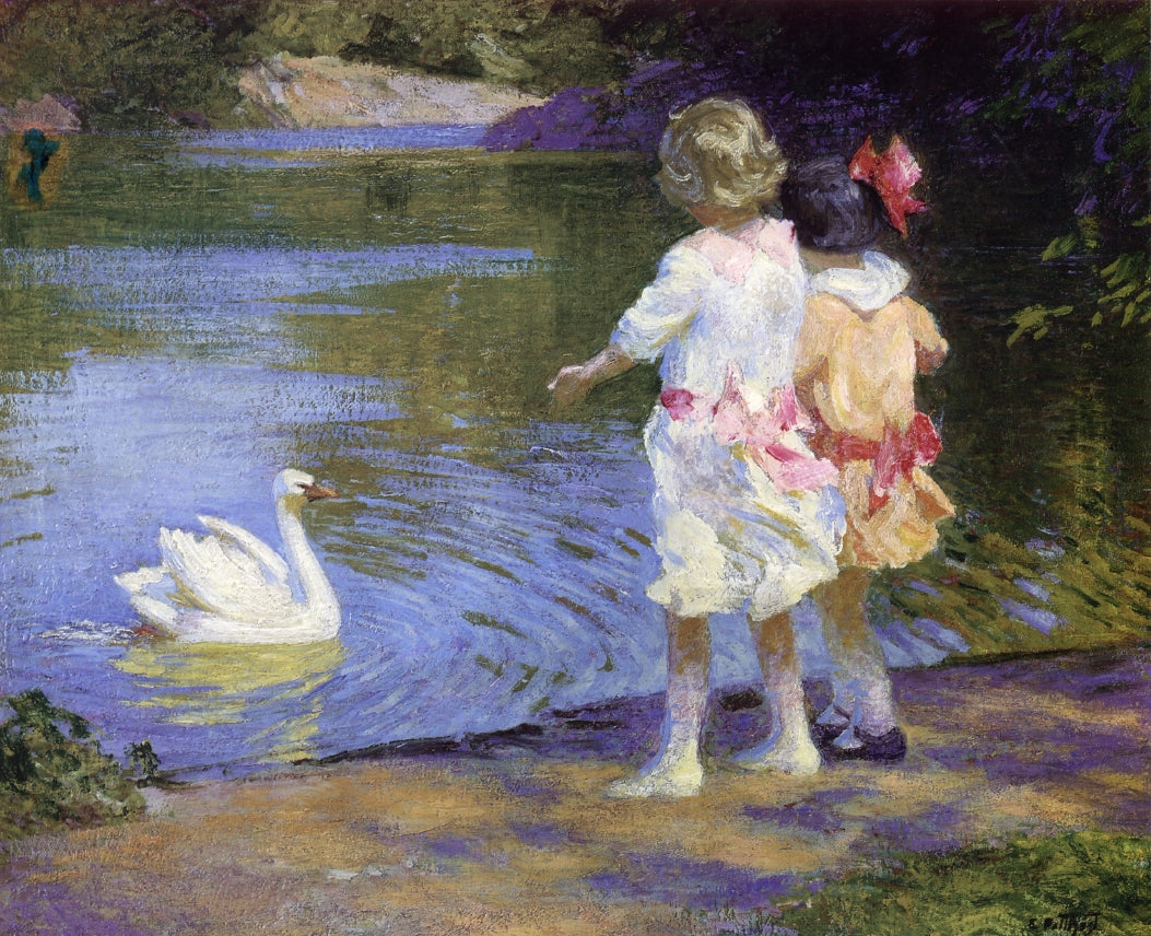 Children with a Swan, vintage artwork by Edward Henry Potthast, 12x8" (A4) Poster