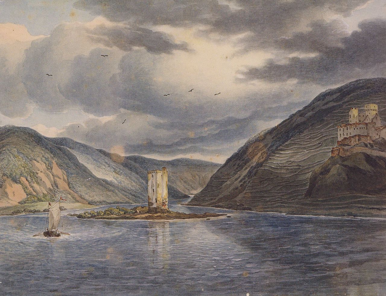 Mouse Tower and Ruin of Ehrenfels, vintage artwork by Johann Christian Reinhart, 12x8" (A4) Poster