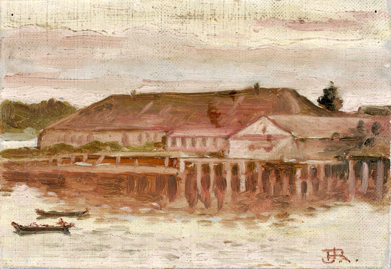 Trading Post and Wharf Buildings, Sitka, Evening, vintage artwork by Theodore J. Richardson, 12x8" (A4) Poster