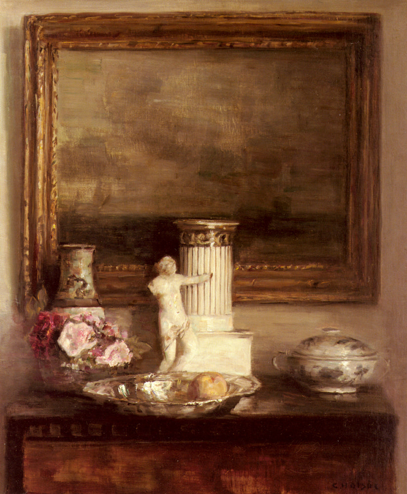 Still Life with Classical Column and Statue, vintage artwork by Carl Vilhelm Holsøe, 12x8" (A4) Poster