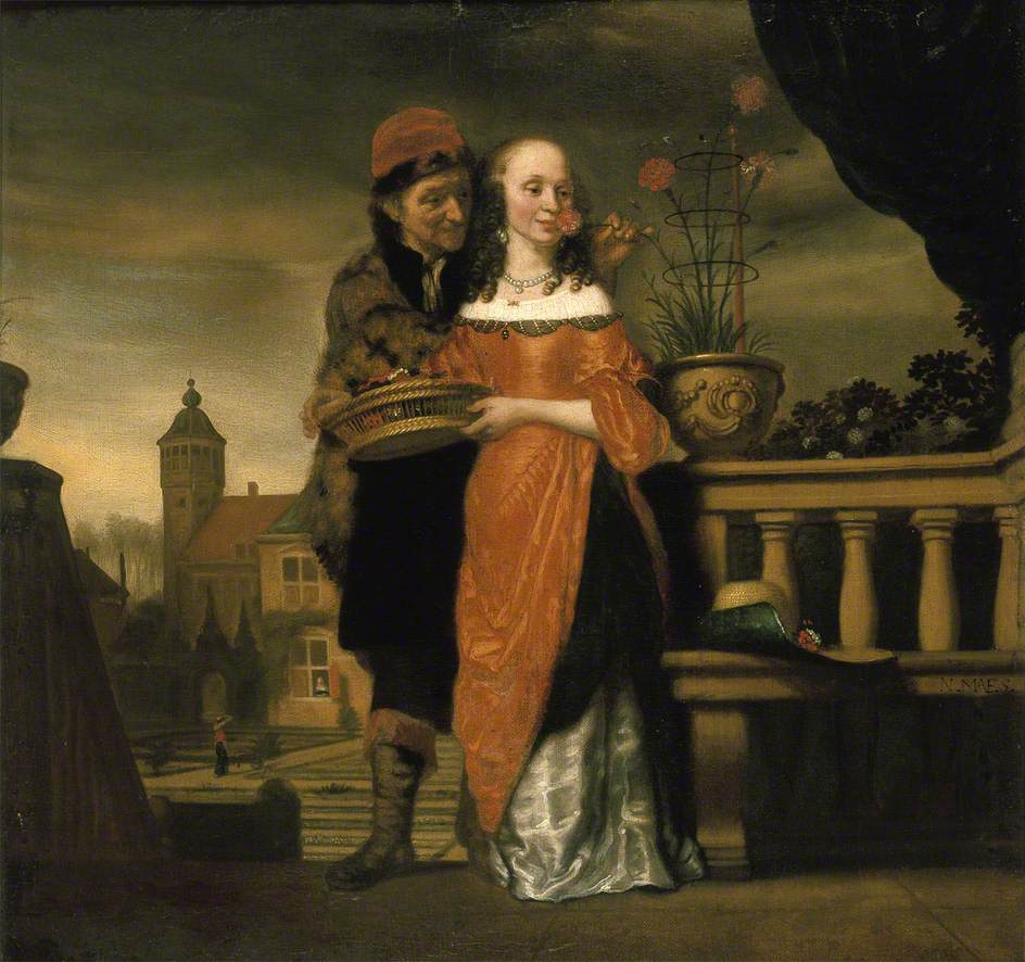 A Man Holding a Carnation to a Woman's Nose, vintage artwork by Nicolaes Maes, 12x8" (A4) Poster