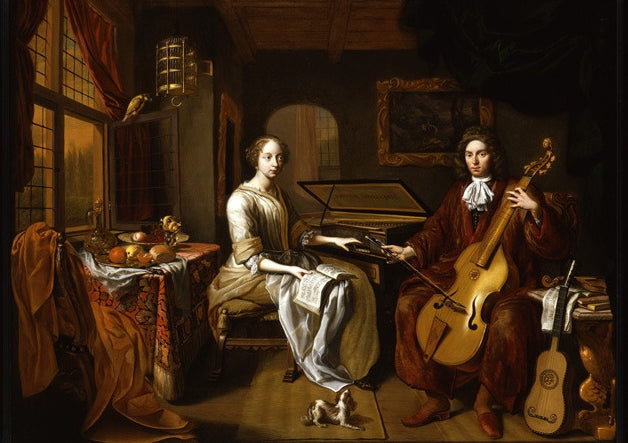 A Portrait of an Elegant Couple Making Music, vintage artwork by Hermannus Collenius, 12x8" (A4) Poster