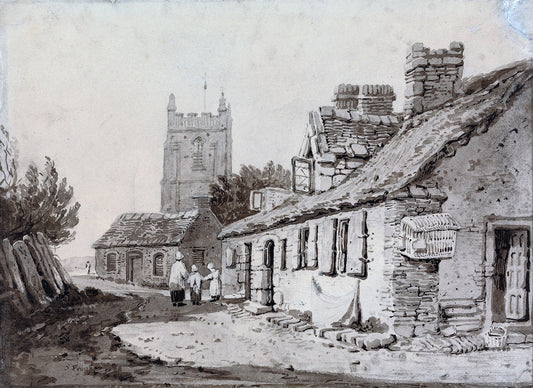 Church and Cottages, vintage artwork by Samuel Prout, 12x8" (A4) Poster