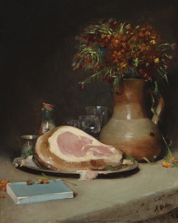 Still Life with Flowers and Ham, vintage artwork by Antoine Vollon, 12x8" (A4) Poster