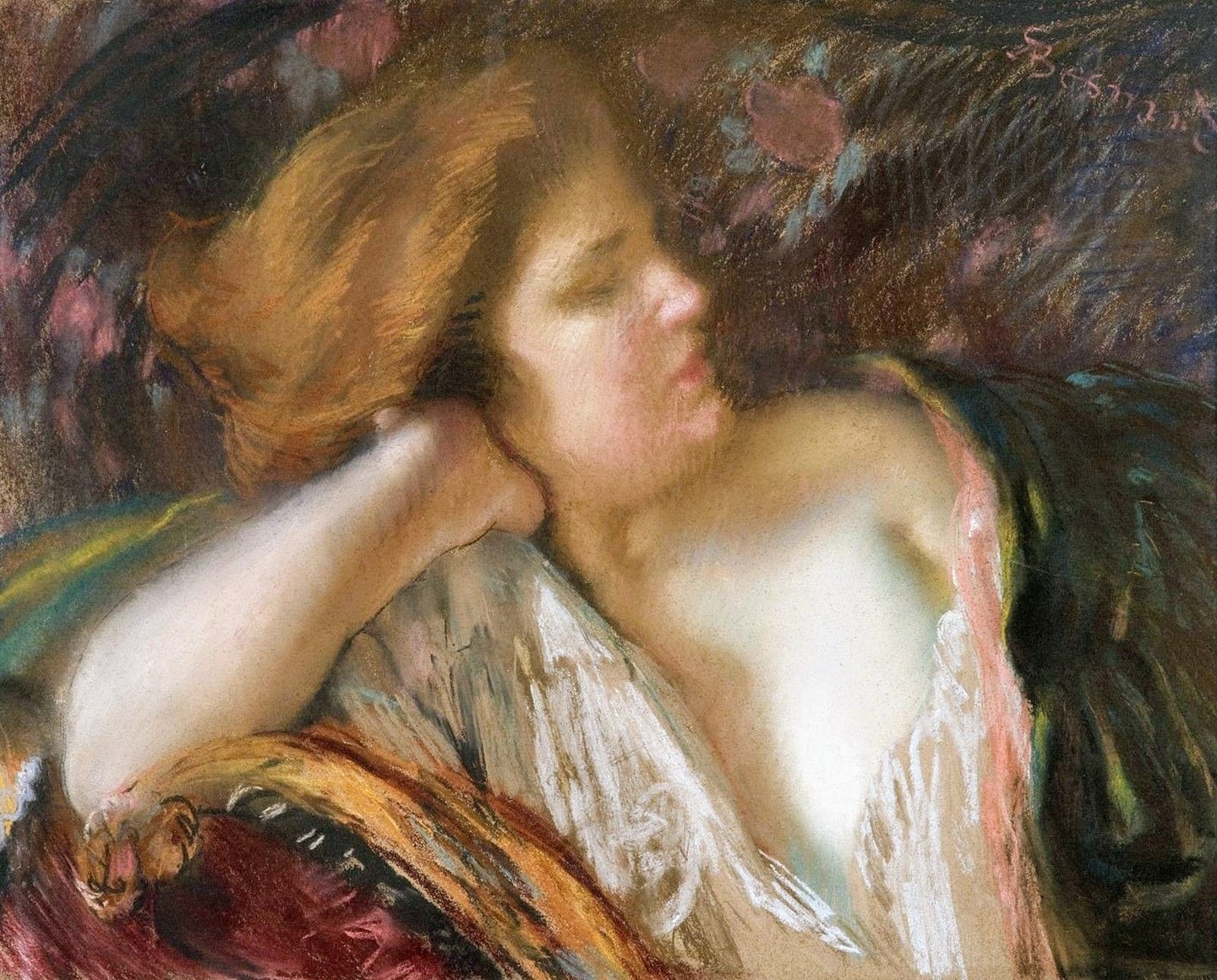 Pensive Woman on the Sofa, vintage artwork by Paul Albert Besnard, 12x8" (A4) Poster