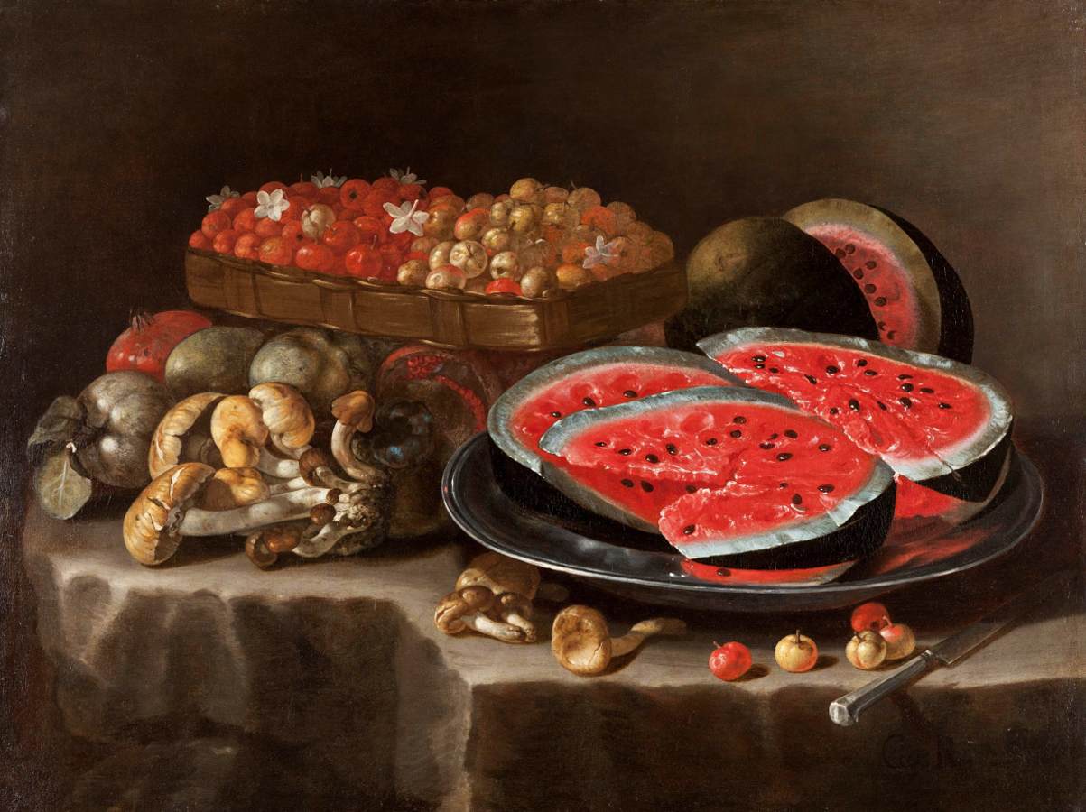 Slices of Watermelon on a Pewter Tray with Mushrooms and Fruit, vintage artwork by Giuseppe Recco, 12x8" (A4) Poster