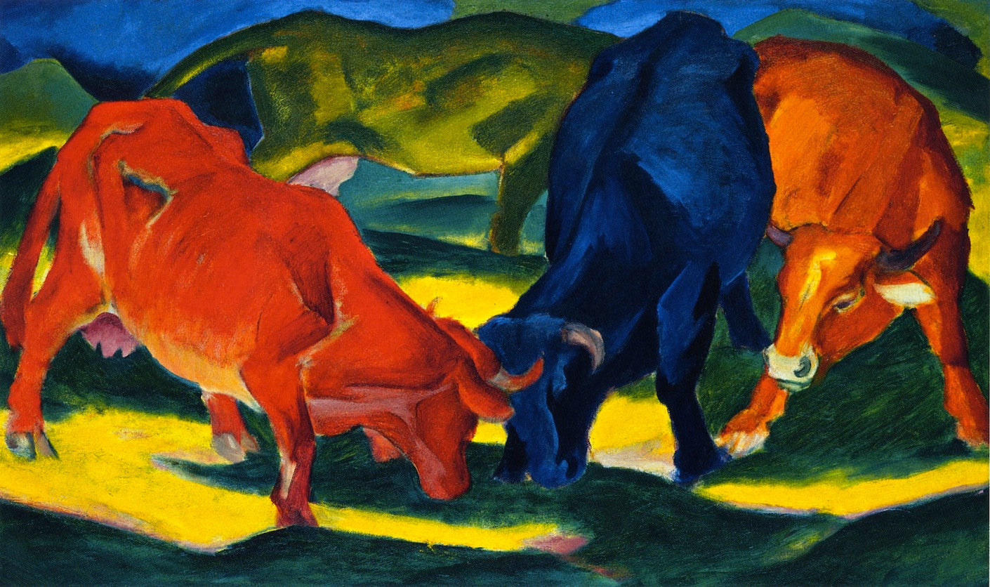Fighting Cows, vintage artwork by Franz Marc, 12x8" (A4) Poster