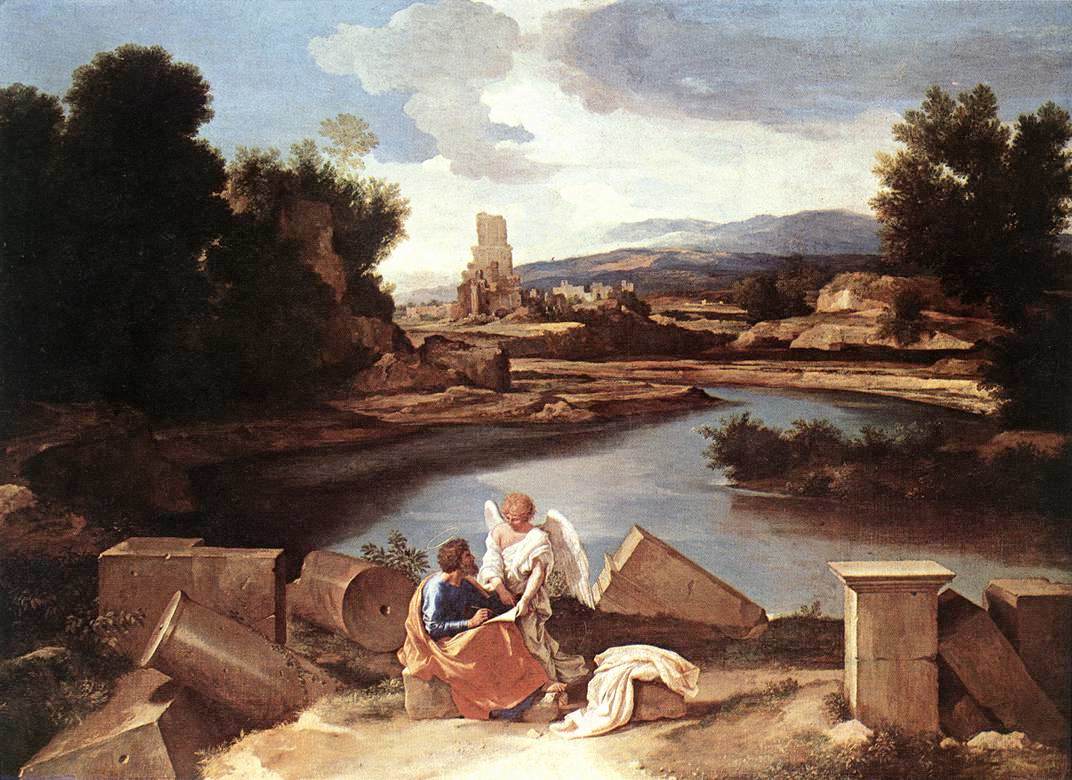 Landscape with St Matthew and the Angel, vintage artwork by Nicolas Poussin, 12x8" (A4) Poster