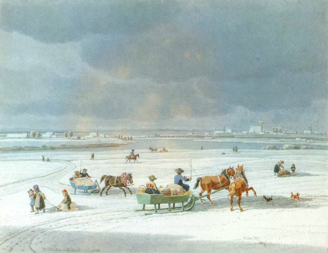 Wintery View of Munich from the Oberföhringer Isarauen, vintage artwork by Wilhelm von Kobell, 12x8" (A4) Poster