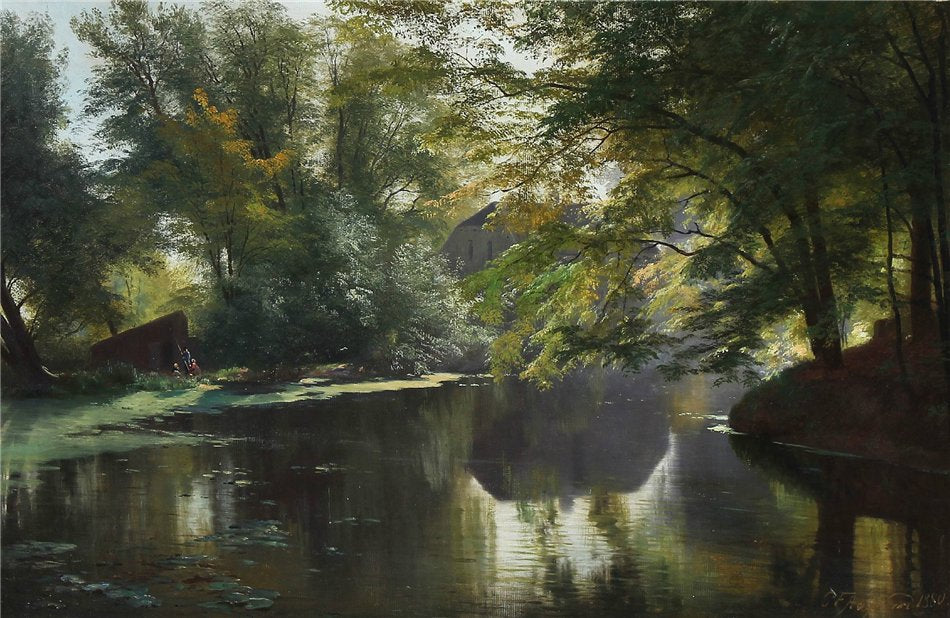View of a forest lake with an angler and his family, vintage artwork by Carl Frederik Aagaard, 12x8" (A4) Poster