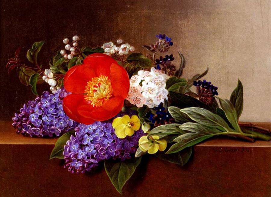 Lilacs, violets, pansies, hawthorn cuttings, and peonies on a marble ledge, vintage artwork by Johan Laurentz (J.L.) Jensen, A3 (16x12") Poster Print