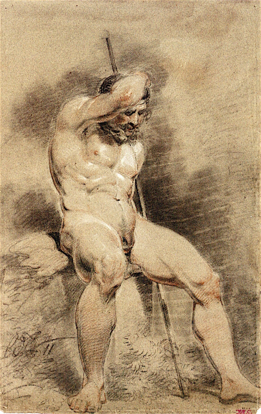 Academy Study of a Seated Nude with a Staff and with His Right Arm on His Head, in a Landscape, vintage artwork by Joseph Mallord William Turner, 12x8" (A4) Poster