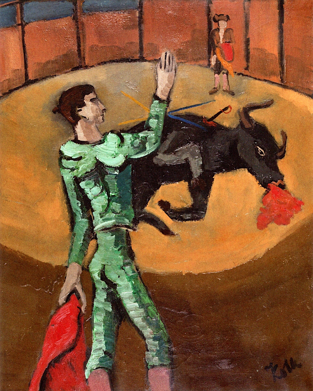Arena with Bullfighters and Dying Bull, vintage artwork by Helmut Kolle, 12x8" (A4) Poster