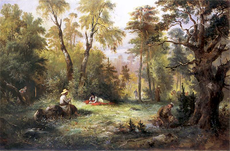 Picking Mushrooms, vintage artwork by Franciszek Kostrzewski, 12x8" (A4) Poster