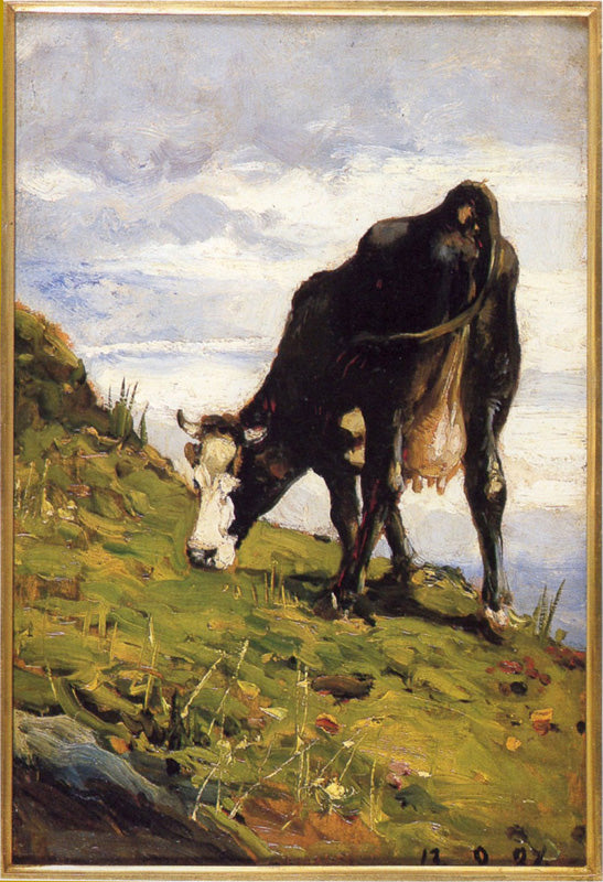 Mucca al pascolo, vintage artwork by Lorenzo Delleani, 12x8" (A4) Poster