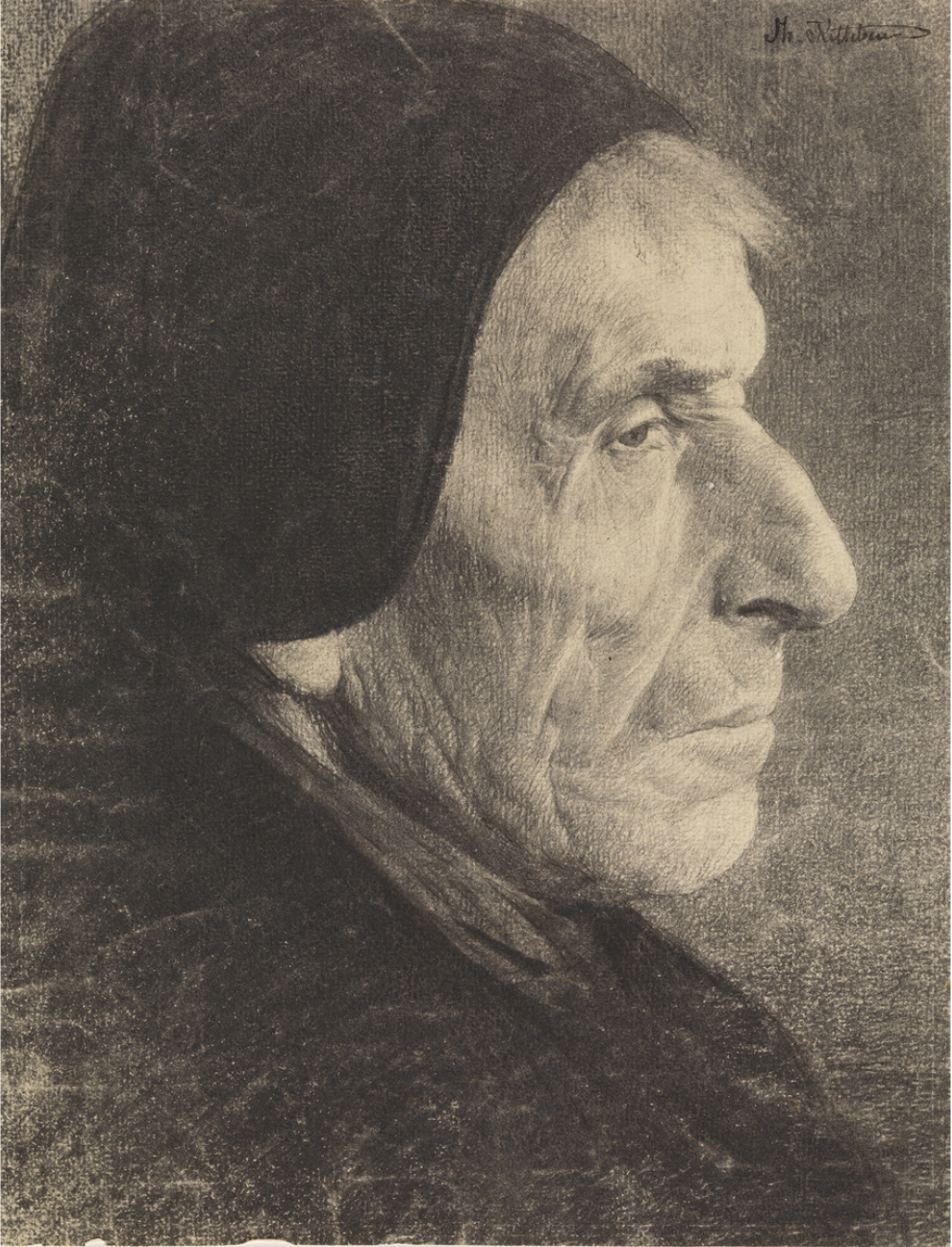 Profile of an Old Woman with Black Hood, vintage artwork by Theodor Severin Kittelsen, 12x8" (A4) Poster