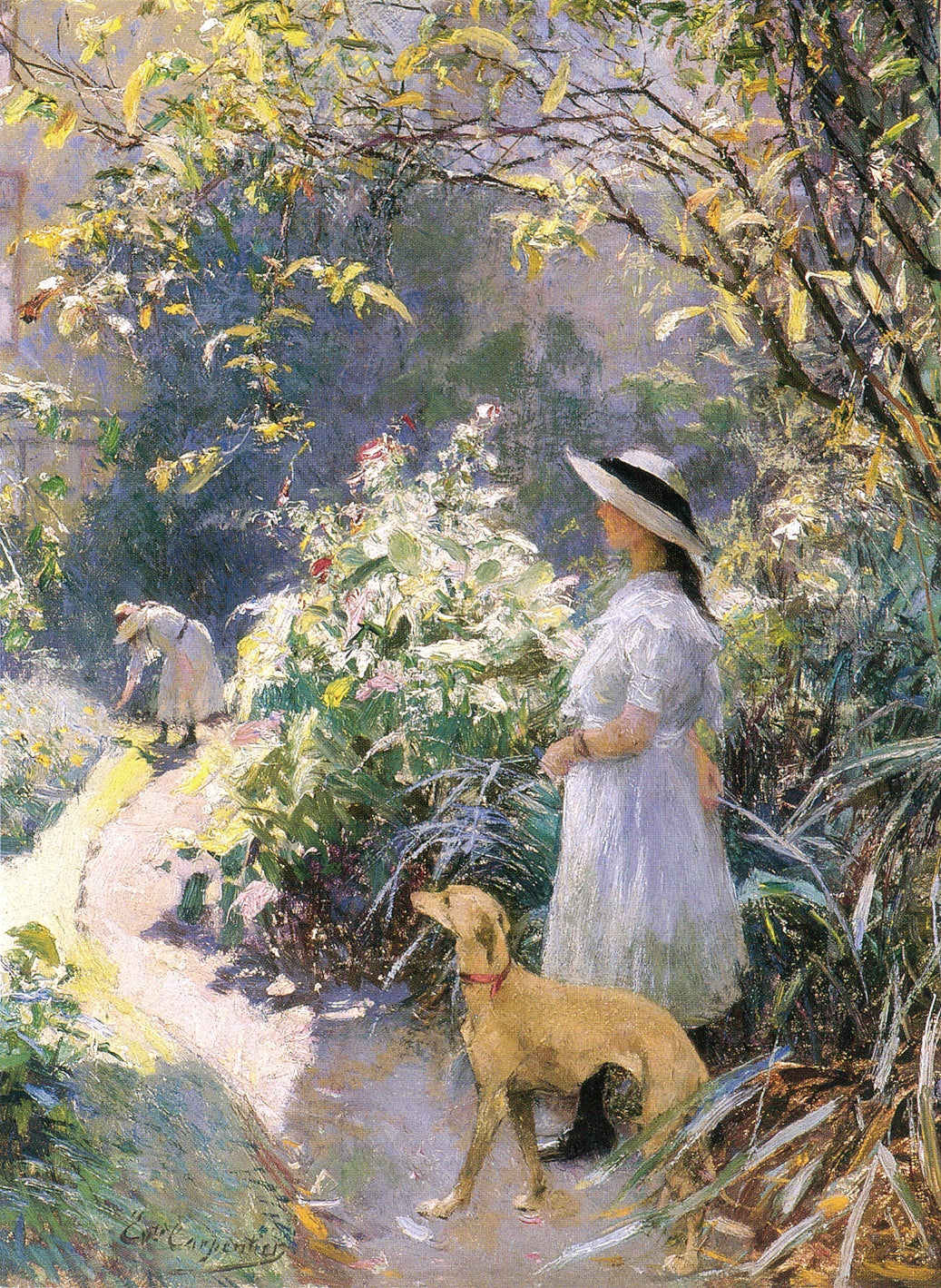 Girl with a greyhound in the garden, vintage artwork by Évariste Carpentier, 12x8" (A4) Poster