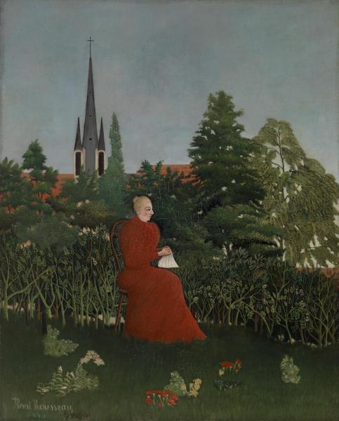 Portrait of a Woman in a Landscape, vintage artwork by Henri Rousseau, 12x8" (A4) Poster