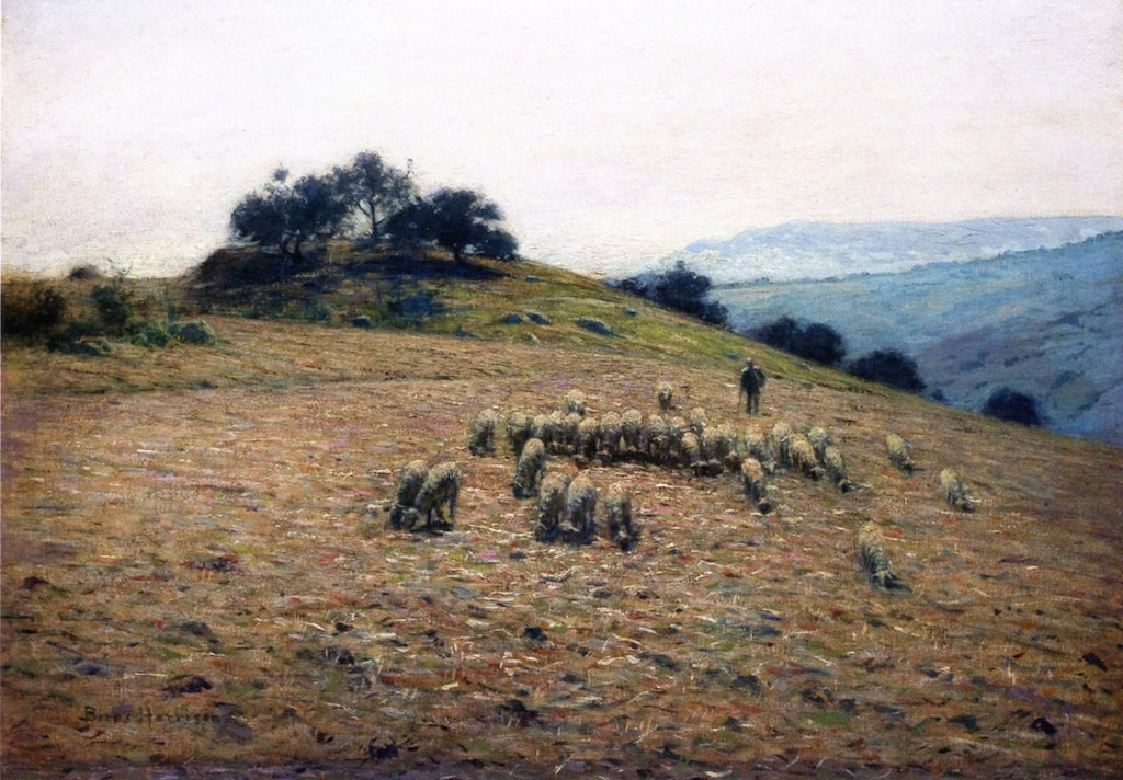 Herding Sheep on a Hillside, vintage artwork by Lowell Birge Harrison, 12x8" (A4) Poster