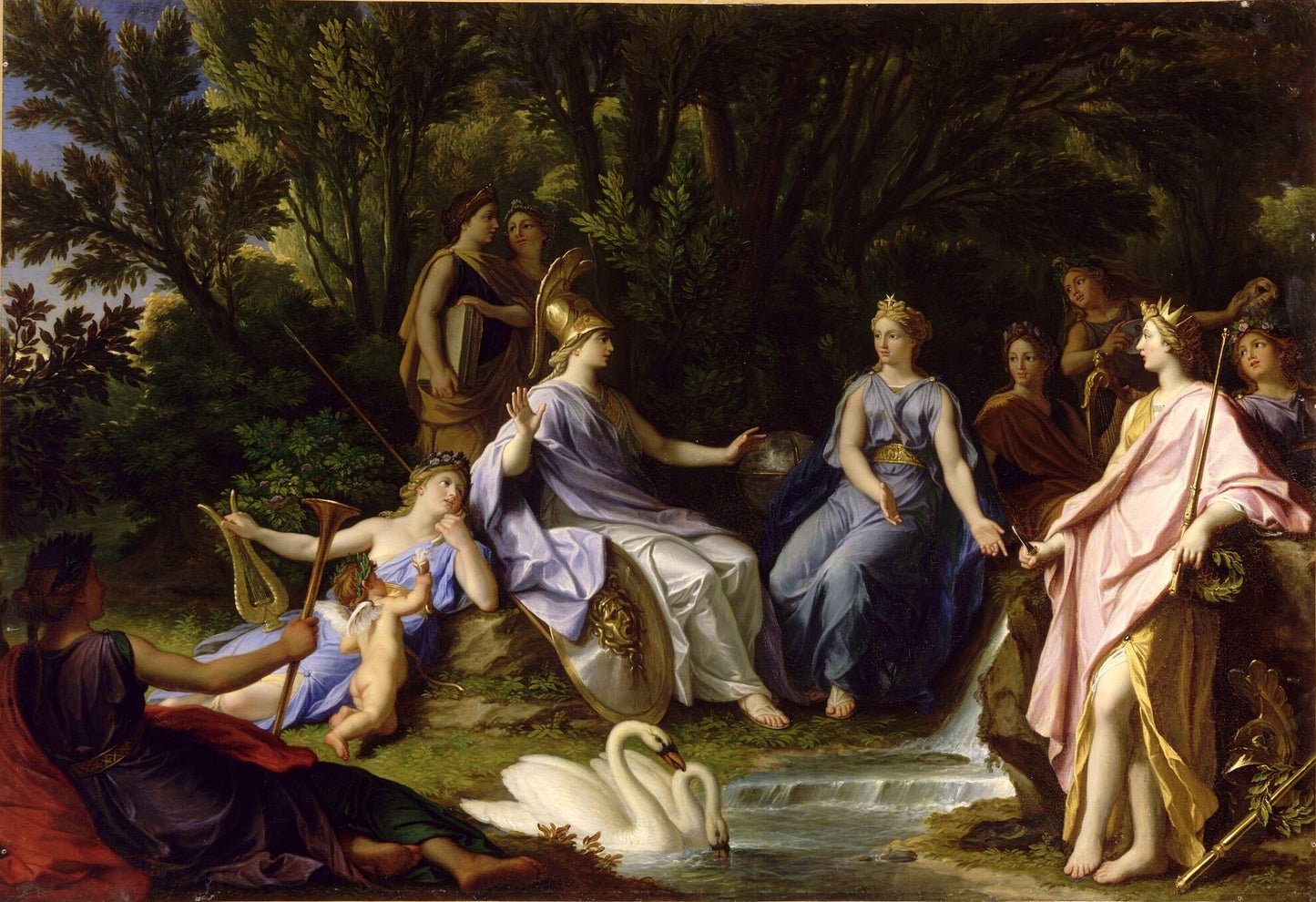 Story of Minerva - The Muses Showing Minerva Hippocrene Waters of the River that Brings Out Pegasus, vintage artwork by Rene-Antoine Houasse, 12x8" (A4) Poster