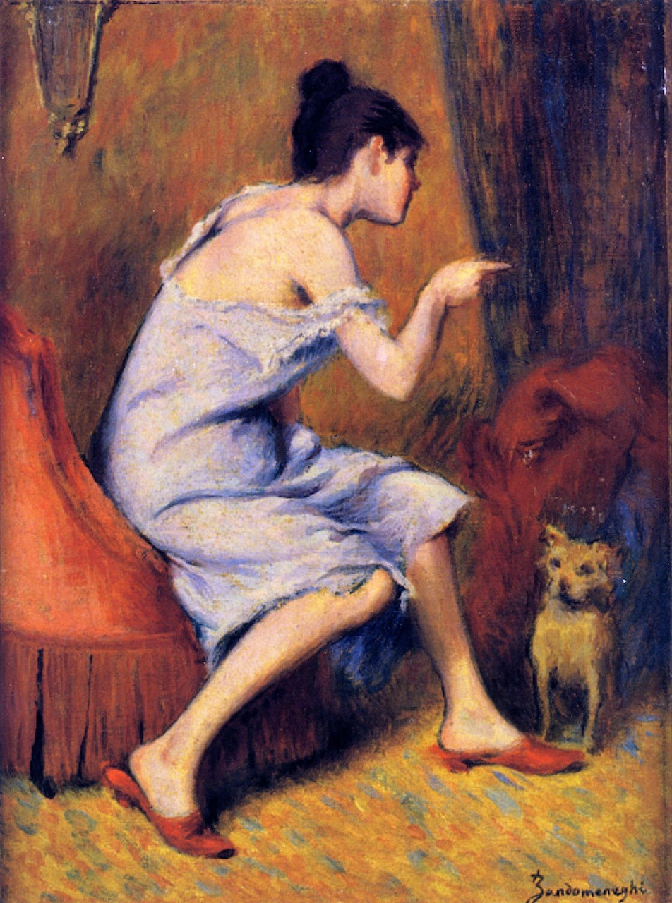 Girl and Her Dog, vintage artwork by Federico Zandomeneghi, 12x8" (A4) Poster