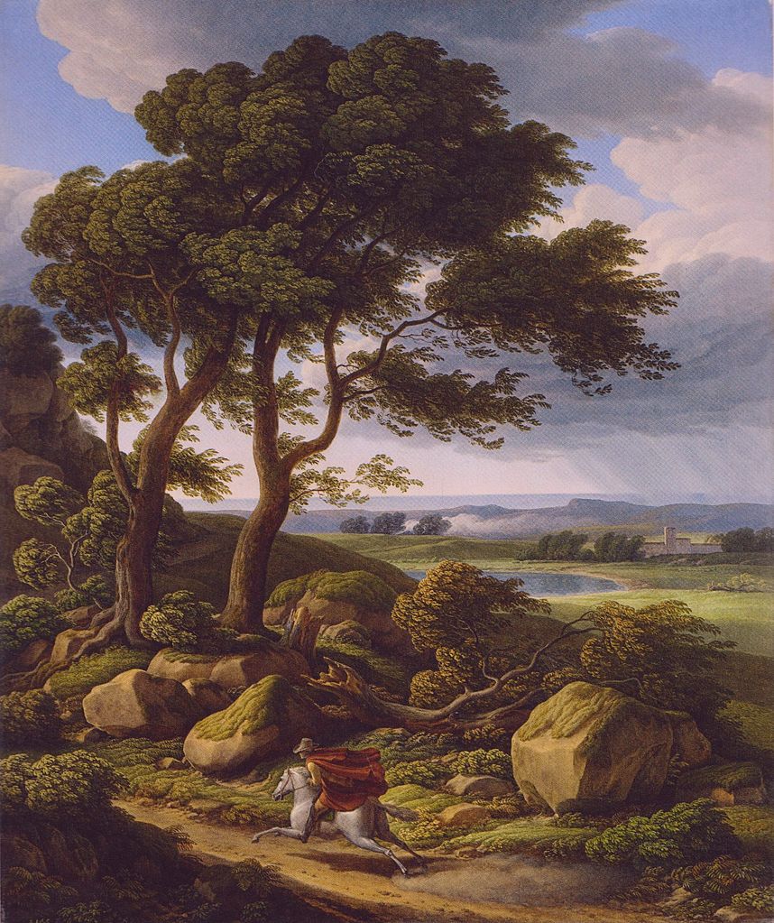 Stormy Landscape with Rider, vintage artwork by Johann Christian Reinhart, 12x8" (A4) Poster