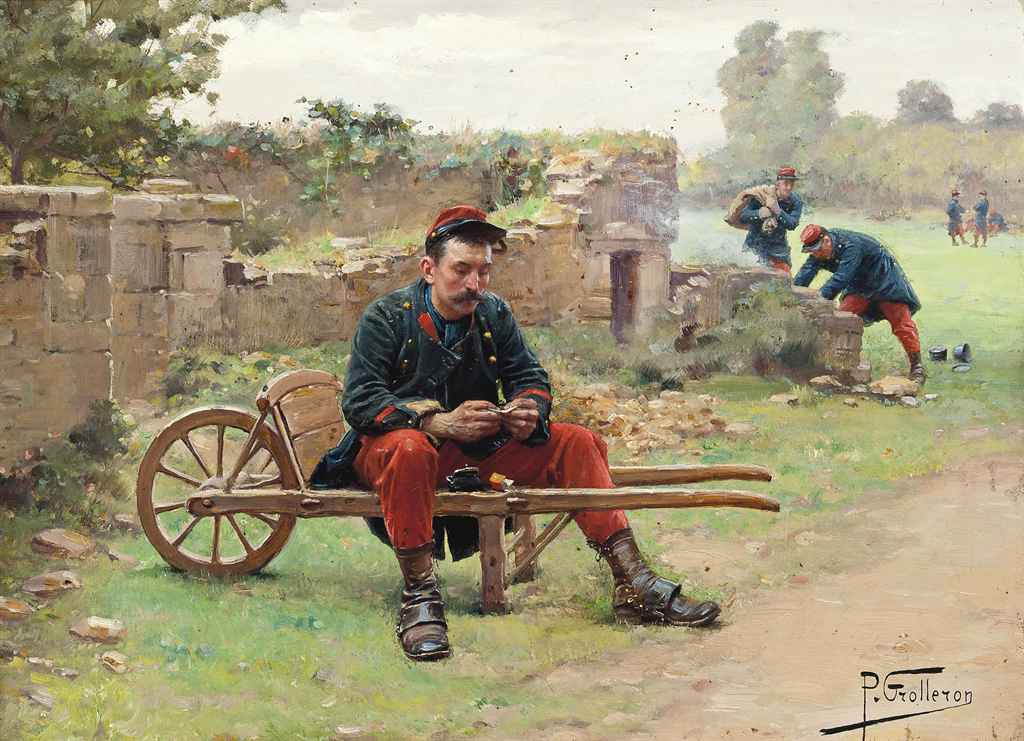 A soldier preparing a cigarette, vintage artwork by Paul-Louis-Narcisse Grolleron, 12x8" (A4) Poster