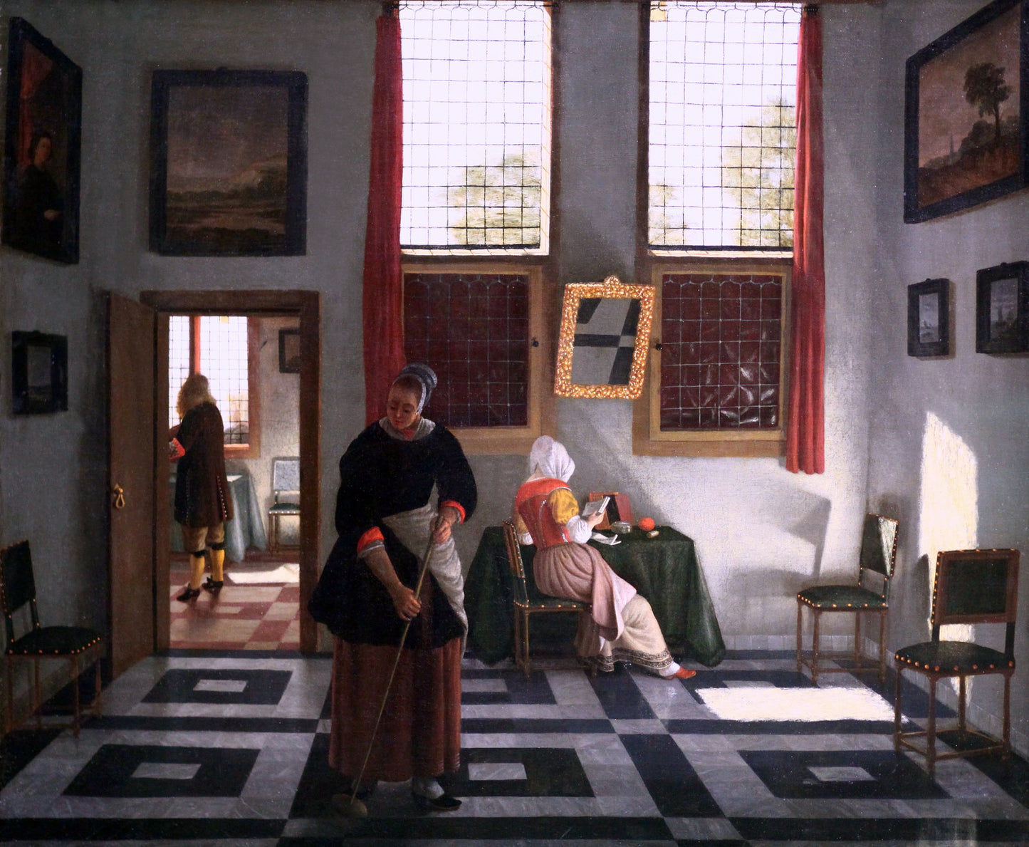 Interior with Painter, Woman Reading and Maid Sweeping, vintage artwork by Pieter Janssens Elinga, 12x8" (A4) Poster