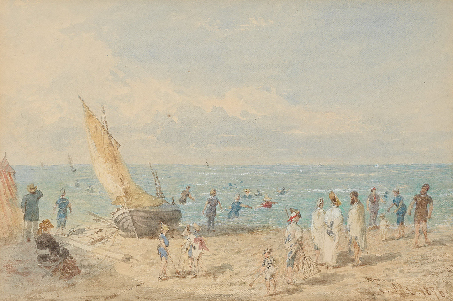 Sea Beach with Bathing and Sailing Boat, vintage artwork by Franz von Alt, A3 (16x12") Poster Print
