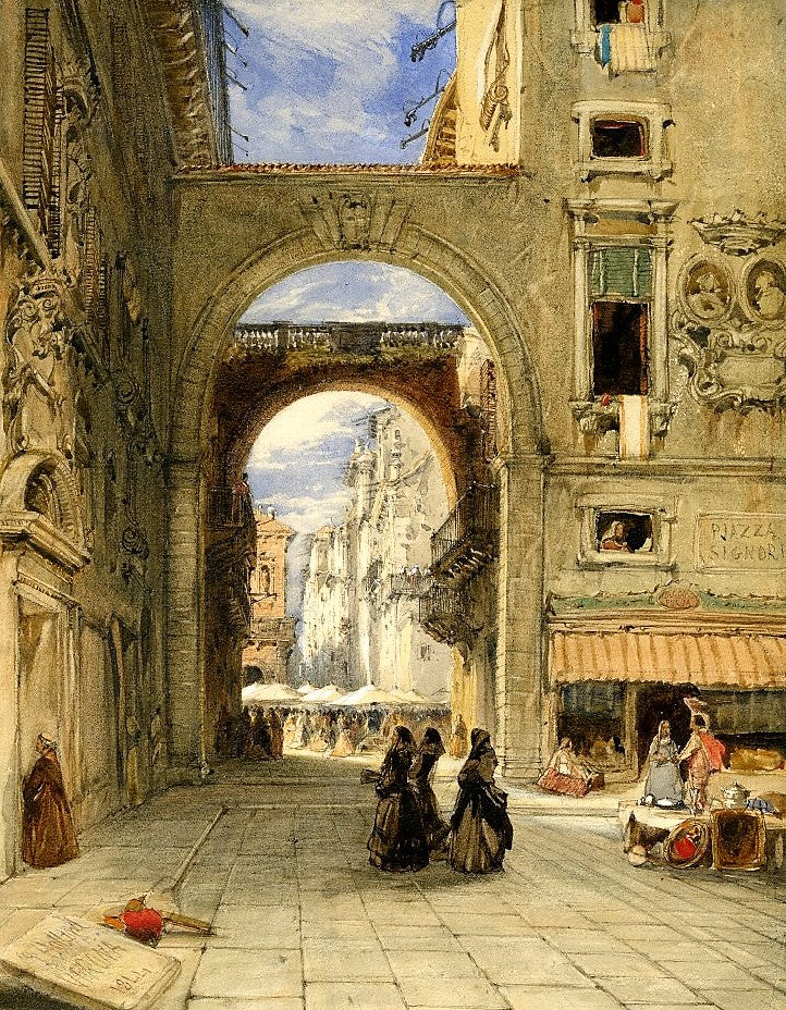 The façade of the Palazzo del Ragione, Verona, vintage artwork by James Holland, A3 (16x12") Poster Print