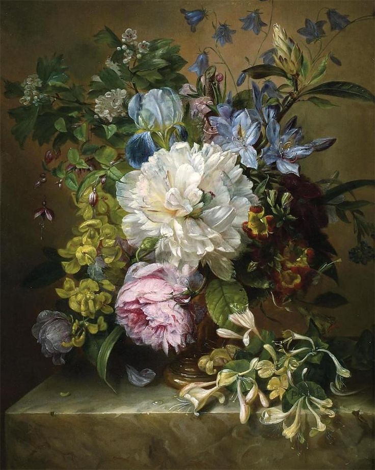 Summer flowers on a marble ledge, vintage artwork by Adriana Johanna Haanen, A3 (16x12") Poster Print