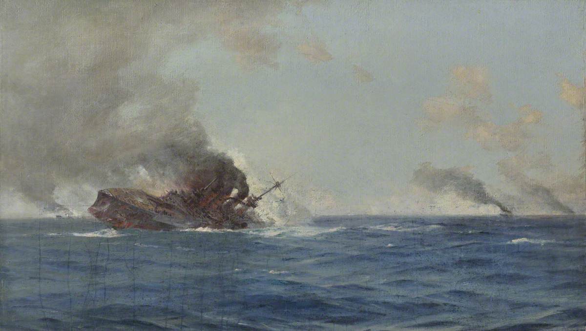 Sinking of 'The Scharnhorst' at the Battle of the Falkland Islands, 8 December 1914, vintage artwork by Thomas Jacques Somerscales, 12x8" (A4) Poster