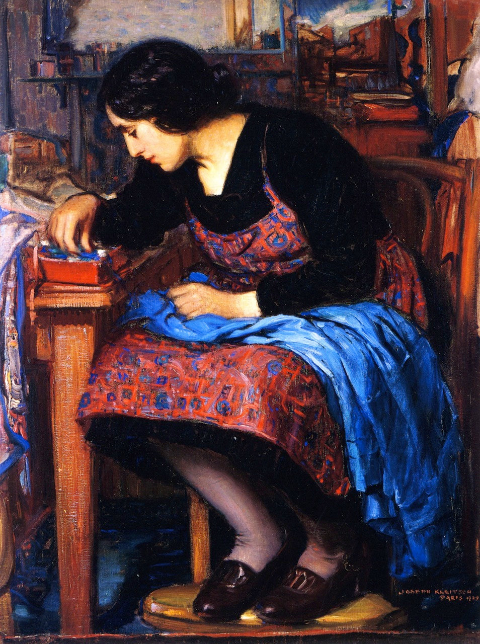 Blue Thread, vintage artwork by Joseph Kleitsch, 12x8" (A4) Poster