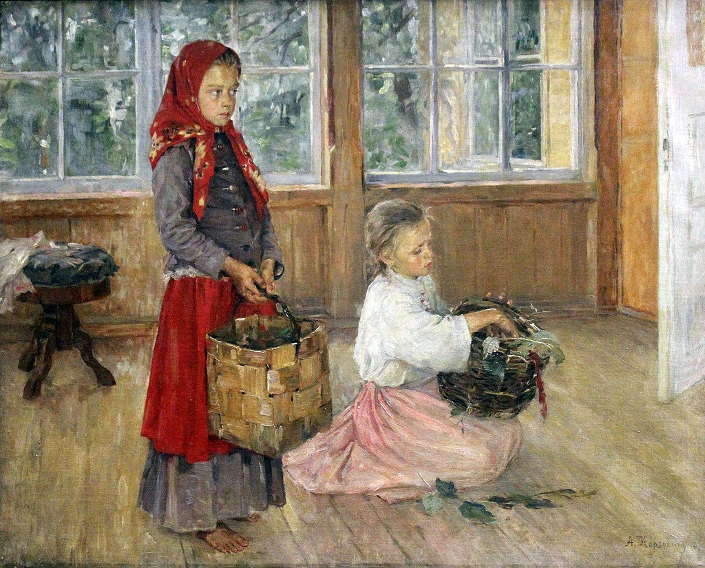 Children on the Terrace, vintage artwork by Alexei Korzukhin, 12x8" (A4) Poster