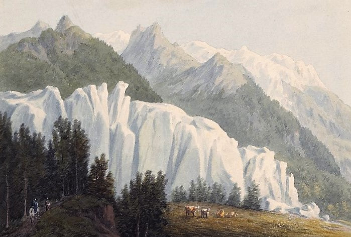 Glacier des Bossons, Chamonix, vintage artwork by John Warwick Smith, 12x8" (A4) Poster
