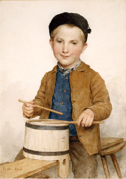 Drumming Boy, vintage artwork by Albert Anker, 12x8" (A4) Poster