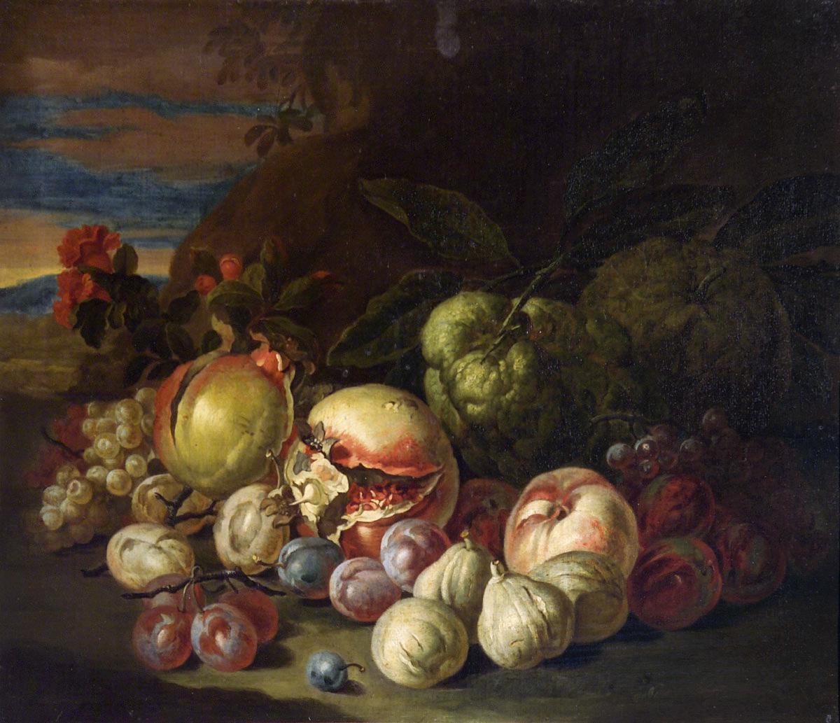 Fruit in a Wicker Basket: Grapes and Peaches, vintage artwork by Jakob Bogdány, 12x8" (A4) Poster