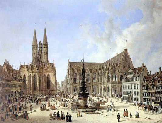Old Town market square with Old Town town hall, St. Mary’s Fountain and St. Mary’s Church, vintage artwork by Domenico Quaglio the Younger, 12x8" (A4) Poster