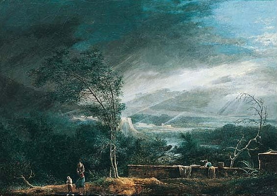 Washerwomen beneath a Lowering Sky, vintage artwork by Cesar Van Loo, 12x8" (A4) Poster